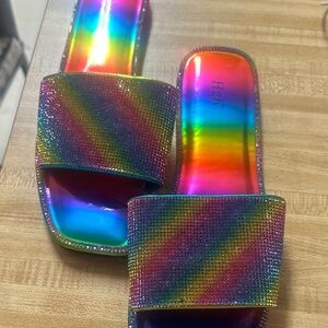 Colorful Rainbow Slide Sandals with rhinestones